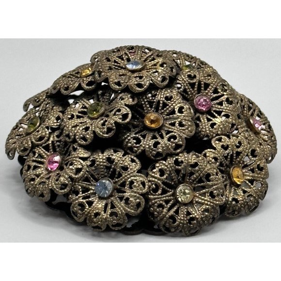 Vintage Czech Brass and Rhinestone Domed Filigree Pin Brooch - Picture 9 of 10